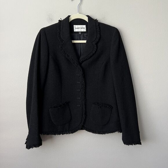 Albert Nipon Blazer Womens Size 4 Black Wool Blend Fringe Details Jacket Lined - Picture 6 of 12